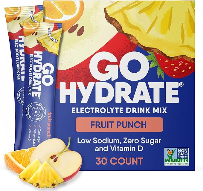 GoHydrate Instant Hydration Powder Packets - Low Sodium Electrolytes Drink Mix - Natural Hydration Support, Sugar Free Electrolyte Flavored Powder Drink with Vitamin D, 30 Packs, Fruit Punch