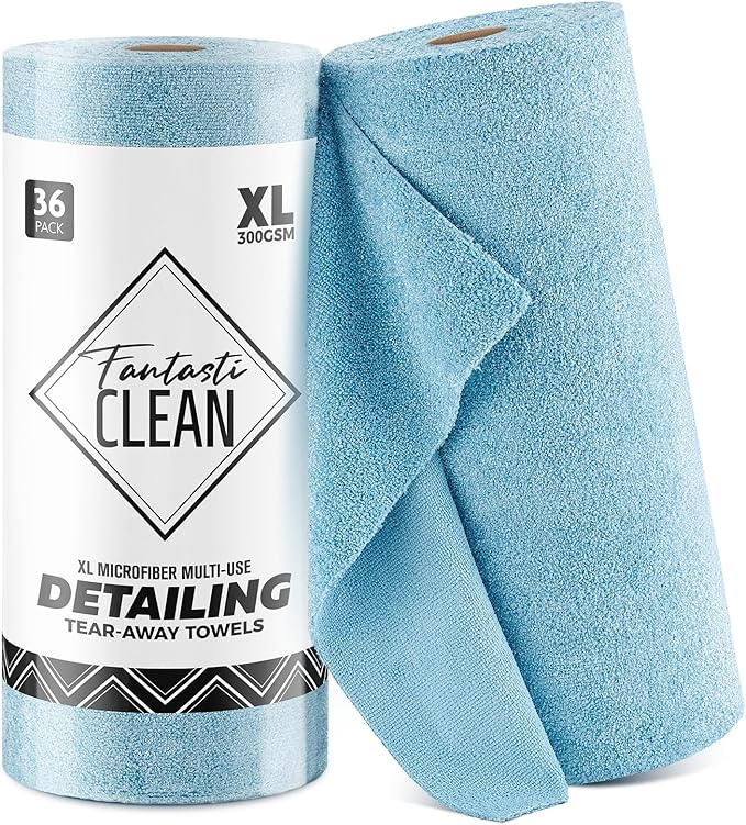 Fantasticlean XL Tear-Away Microfiber Cleaning Cloth Roll, 16'' by 16''- 36 Sheets, Thick & Large Detailing Towels, Ultra Absorbent, Lint-Free Reusable Wipes for Home, Car or Outdoor (Glossy Blue)