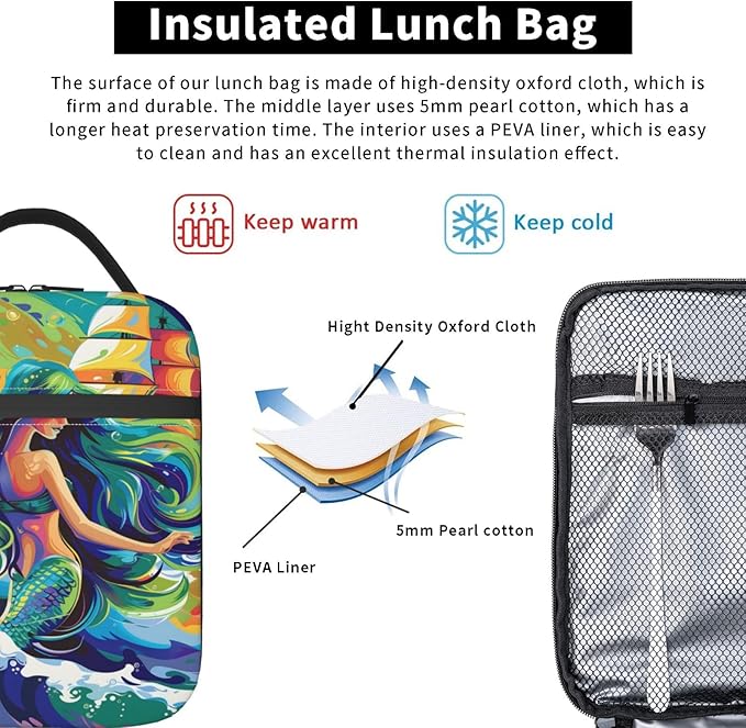 Insulated Lunch Box for Women Men, Cute Mermaid Theme Lunch Box Reusable Portable Lunch Bag Cooler Tote Waterproof Lunch Container for Office Picnic Work Travel