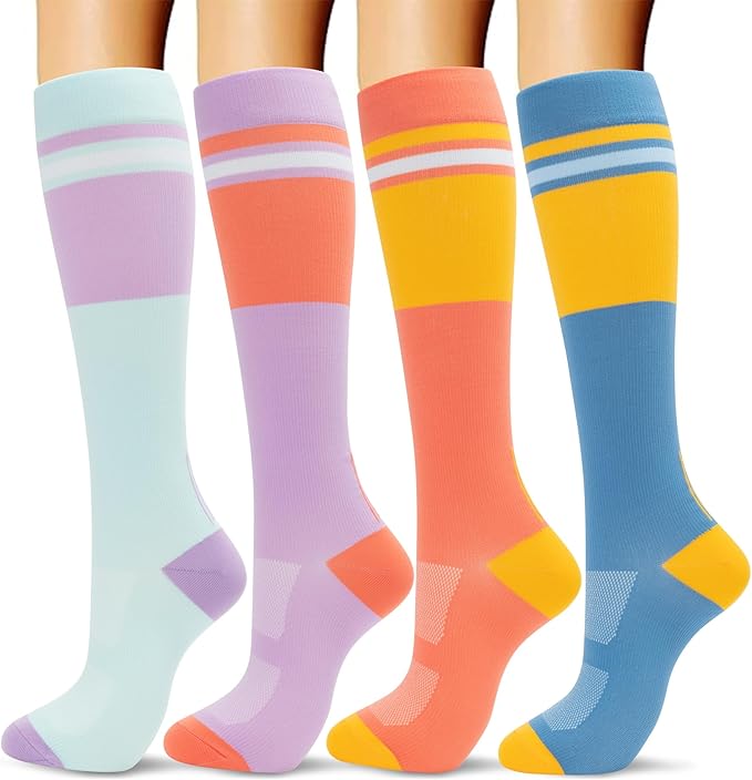 fenglaoda Compression Socks Women Men 4 Pairs, Knee High Support Socks for Running, Sports, Travel, Flight, Nurse