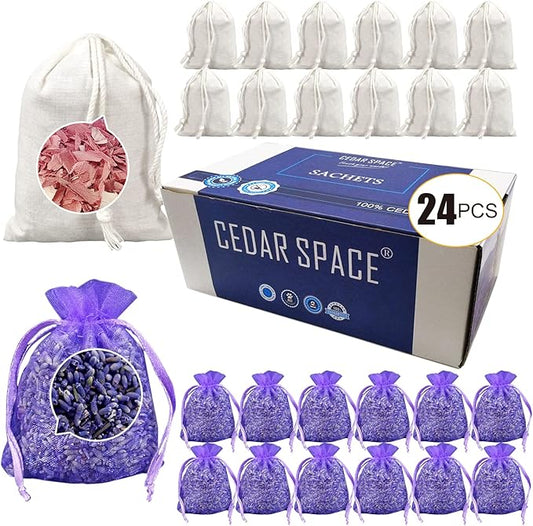 Cedar Space Lavender Sachet Bags for Drawers and Closets(24 Pack),Potpourri Bags,Dried Lavender Flowers,Cedar Blocks for Clothes Storage Scent Air Freshener, Cedar Chips Lavendar for Home Fragrance