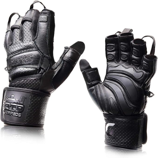 Elite Leather Gym Gloves with Built in 2" Wide Wrist Wraps Grip & Design for Weightlifting Power Lifting Bodybuilding & Strength Training Workout Exercises