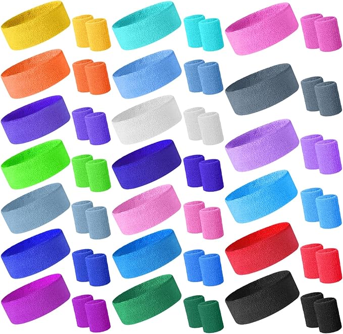 60 Pieces Sweatbands Set Includes 20 Sports Headband and 40 Wristbands Sweatbands Colorful Terry Cloth Wristbands for Working Out Tennis Gym 80s Sweat Band for Athletic Men and Women