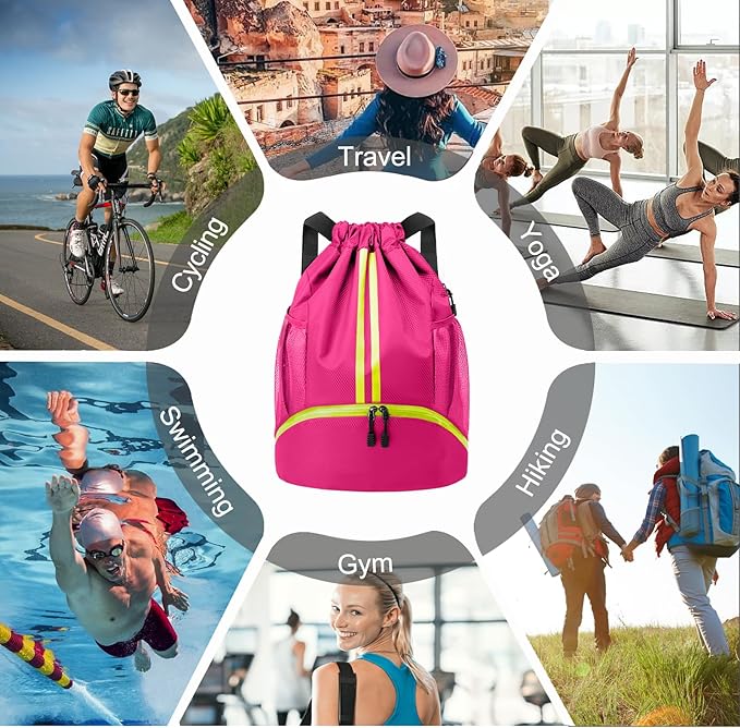 Hoedia Sports Drawstring Backpack - String Swim Gym Bag with Shoes Compartment and Wet Proof Pocket for Women and Men