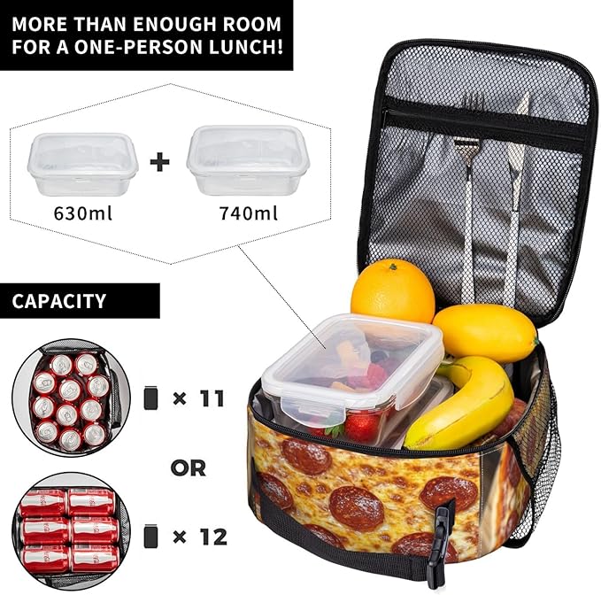 Food Pizza Lunch Box for Women Men, Insulated Lunch Box Reusable Portable Lunch Bag Cooler Tote Waterproof Lunch Container for Office Picnic Work Travel