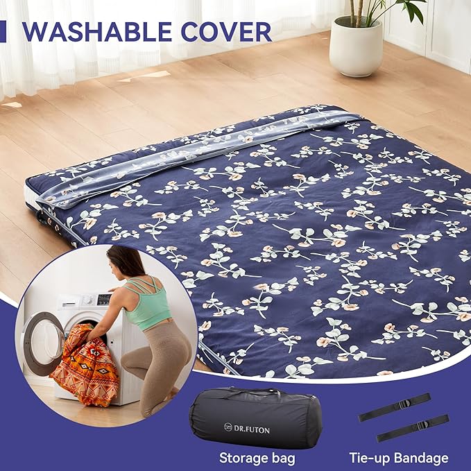 Dr.Futon Japanese Floor Futon Mattress Extra Thick Folding Roll Up Bed Topper Mat for Guest,Lounger and Tavel
