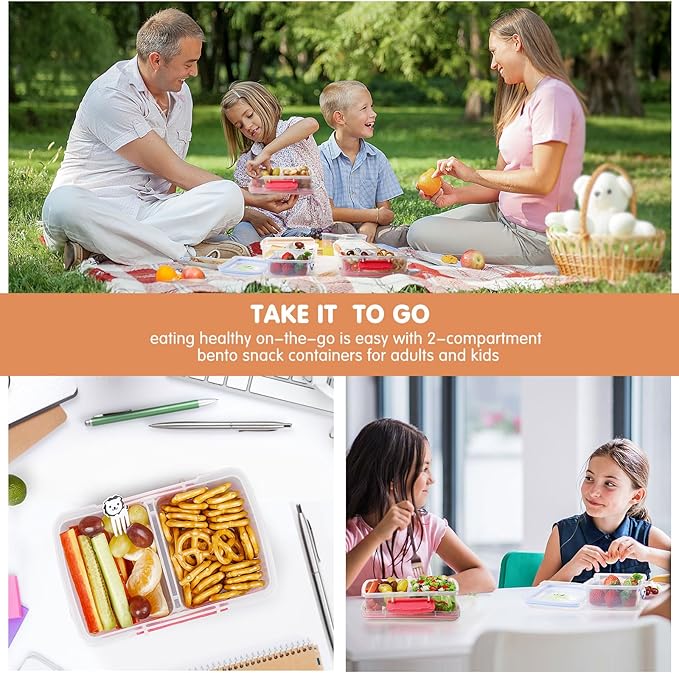 4 Pack Plastic Snack Containers with Lids, 2 Compartment Food Container for Kids Snack Box, Travel Bento Lunch Containers with forks for Fruits/Candies, Divided Food Storage Containers for School