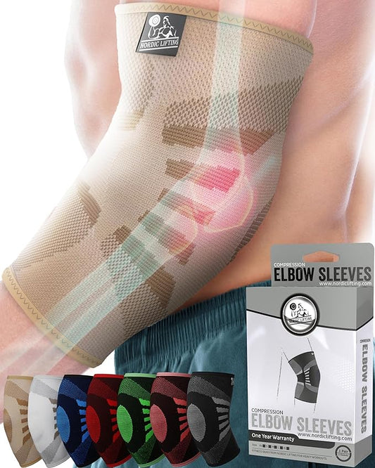 Nordic Lifting Elbow Compression Sleeves (1 Pair) for Men & Women - Support for Pain Relief, Tendonitis, Golfer’s & Tennis Elbow - Weightlifting Brace for Workout, Arm & Joint Recovery