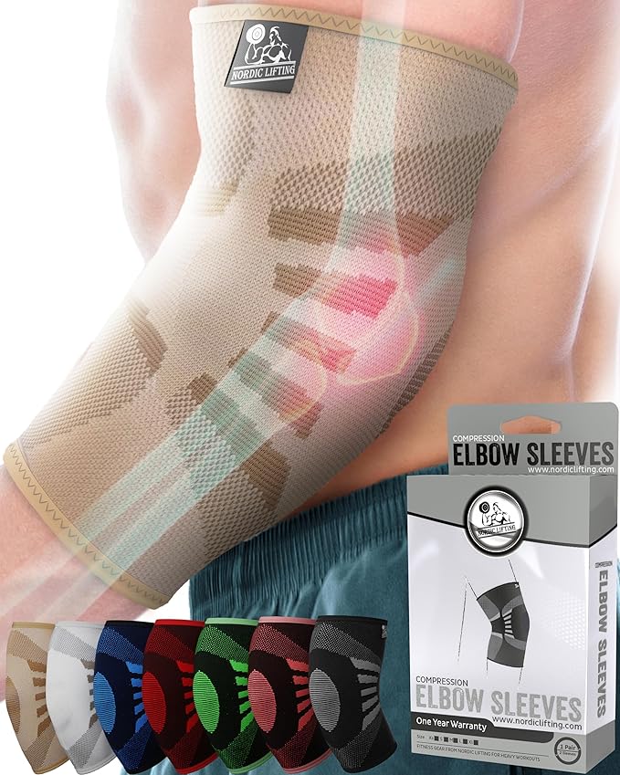 Nordic Lifting Elbow Compression Sleeves (1 Pair) for Men & Women - Support for Pain Relief, Tendonitis, Golfer’s & Tennis Elbow - Weightlifting Brace for Workout, Arm & Joint Recovery