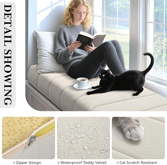 Wenqik Bench Cushion 48x18x4 Inch for Indoor Outdoor Furniture Tufted Thicken Bay Window Seat Cushion Non Slip Waterproof Dining Piano Bench Pad Pillow Anti Cat Scratch for Patio Porch Swing, Beige