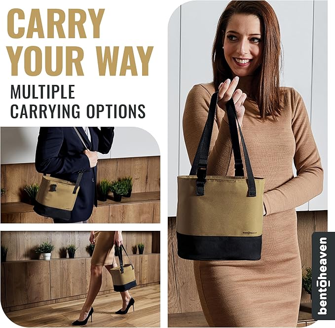 Bentoheaven Insulated Lunch Tote for Work - Durable Materials, Variable Strap/Handle, Wide Opening - Cooler Lunch Bag for Women & Men - Fits all major Bento Lunch Boxes and Other Containers (Beige)