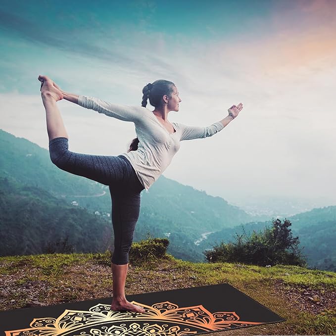 QiyI Yoga Mat Towel with Corner Pockets, Non Slip Sweat Absorbent Hot Yoga Towels, Soft Yoga Blankets with Travel Bag, Skidless Mat Cover for Workout, Gym, Fitness - 70"x26", Luxury Golden Mandala