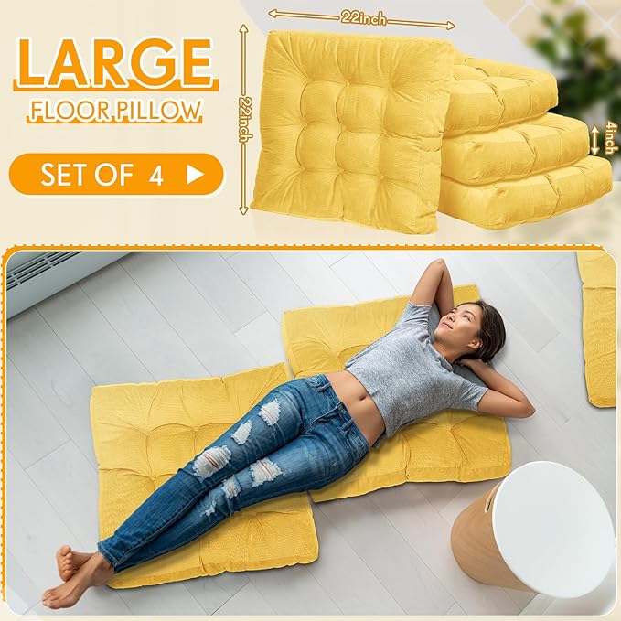Jerify Floor Pillow Cushions 22 x 22 Inch Round Square Large Meditation Floor Pillow for Classroom Adult Meditation Picnic Party Cushion for Seating Gift Christmas(Square,Yellow,4 Pcs)