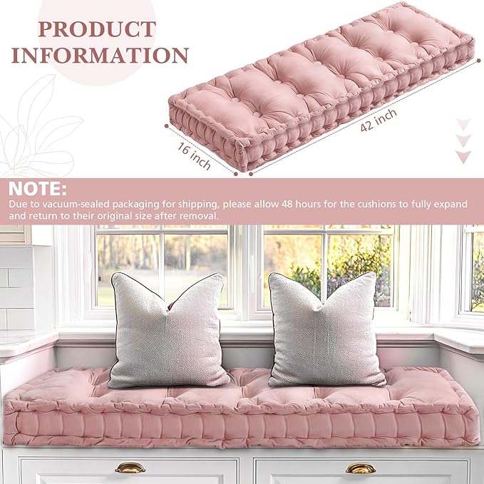 Bench Cushions for Indoor Furniture 42x16 in Velvet Kitchen Dining Piano Window Seat Cushion, Tufted Patio Porch Swing Thicken Bench Pad Memory Foam(Pink)