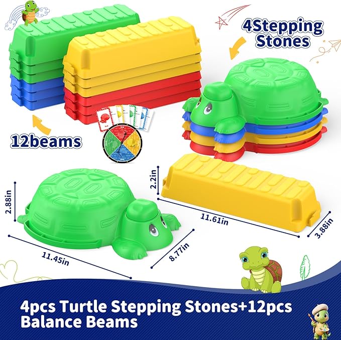 16 Pcs Balance Beam and Stepping Stones for Kids - 4 Turtle Shape Stepping Stones and 12 Connectable Beams with Sound Feature,Color Spinner, Riddle Cards, Fun Balance Training and Obstacle Course