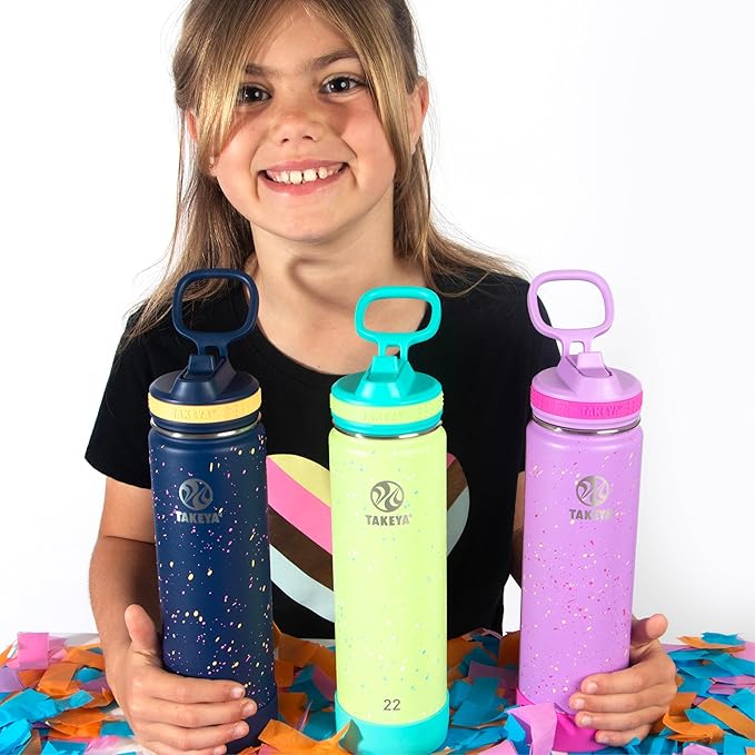 Takeya Actives Water Bottle with Straw Lid - Bottle with Double Stainless Steel Insulation - Dishwasher Safe & BPA-Free - Bottle with Straw Lid & Removable Bumper - 22 oz, Cool Ray