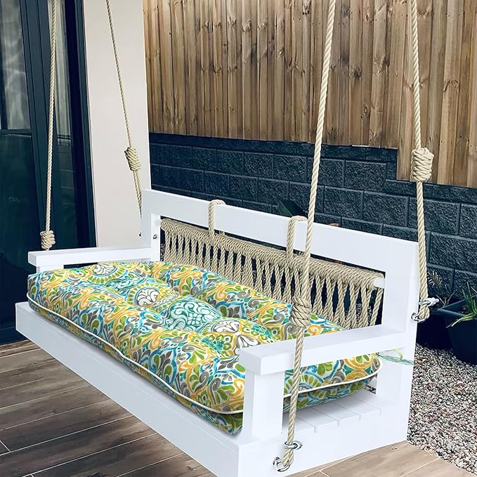 Tufted Bench Cushion for Outdoor Furniture, Patio Swing Cushion 44 x 19 x 5 Inch, Overstuffed Outdoor Chair Cushion for Garden Loveseat Lounge Storage, 1 Pack,Damask Green