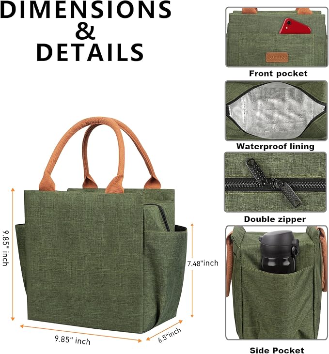 Joymee Lunch Bag Women Insulated Lunch Box Reusable Leakproof Large Spacious Cooler Tote for Womens Mens Adults with Bottle Holder and Side Pockets for Work Office Travel Picnic - Green