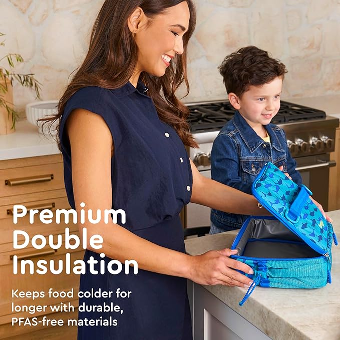 Bentgo Kids Lunch Bag - Durable, Double-Insulated Lunch Bag for Kids 3+; Holds Lunch Box, Water Bottle, & Snacks; Easy-Clean Water-Resistant Fabric & Multiple Zippered Pockets (Shark)