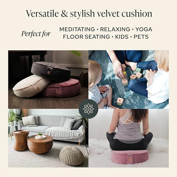 Mindful Modern Velvet Meditation Cushion | Luxe Zafu Yoga Floor Pillow Seat | Posture Support | Buckwheat Hull Filled | Large Round Cushion with Removable Washable Cover + Carry Handle