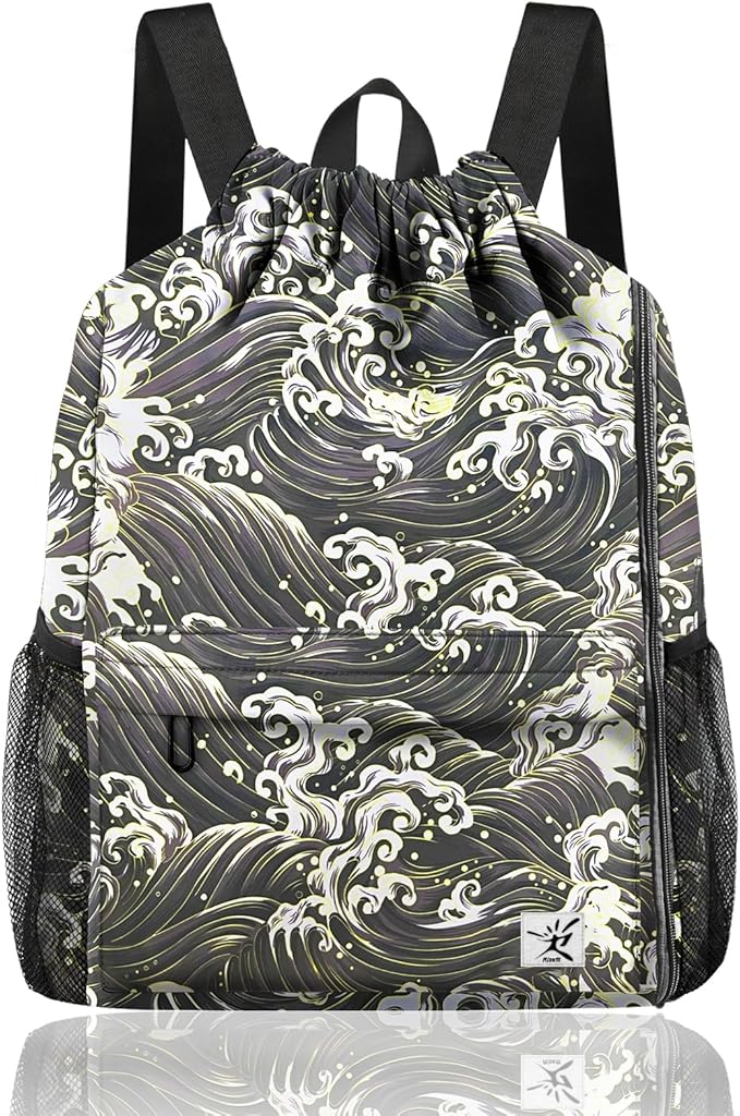 Drawstring Backpack with Mesh Pockets String Gym Bag Sackpack Sandproof Water Resistant Beach Backpack for Men Women