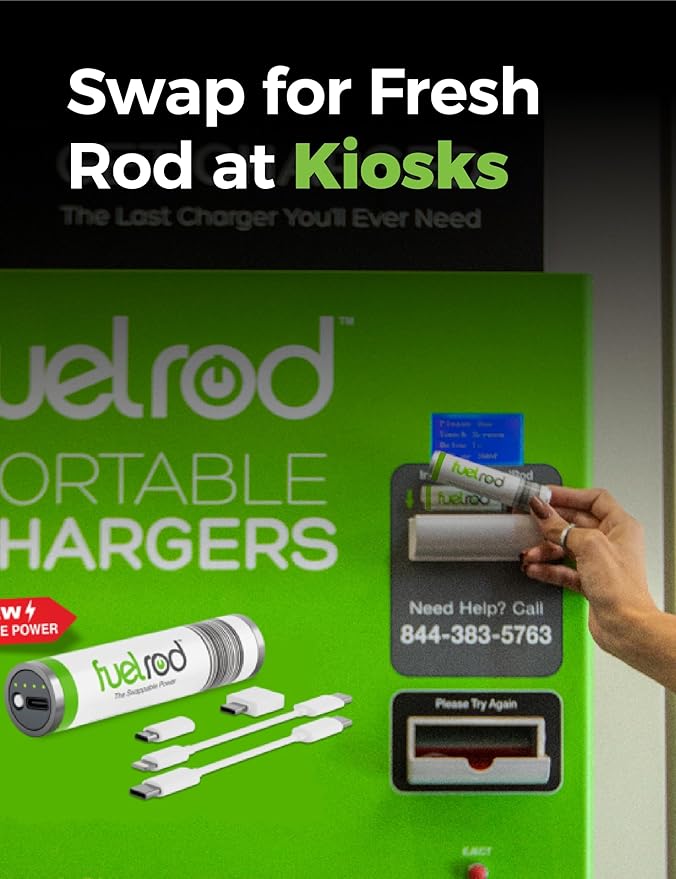 FuelRod USB-C Portable Charger Kit - Pack of 2 - Includes All Cables & Adapters Compatible with All Tablets & Smart Phones, Rechargeable Backup Power Bank, Swap for Charged Rod at Kiosk