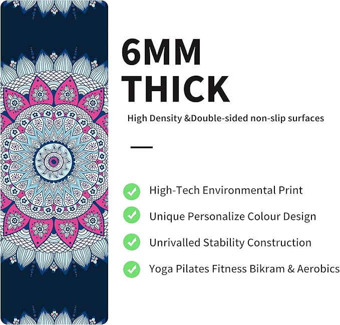 nuveti Yoga Mat Print Extra Thick TPE Non Slip Fitness Exercise Mat with Carrying Bag,72"x24" Extra Thick 6MM Exercise & Workout Mat for Yoga, Pilates Fitness and Floor Exercises