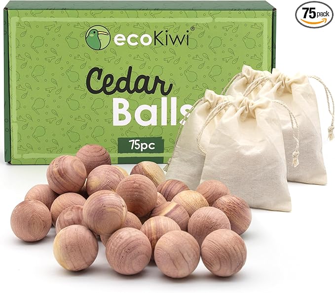 ecoKiwi Cedar Balls for Clothes Storage 75 Pack - 100% Natural Red Cedar Blocks for Clothes Storage - Aromatic Cedar Chips for Closets & Drawers - Cedarwood Oil Planks with Sandpaper & 3 Cotton Bags