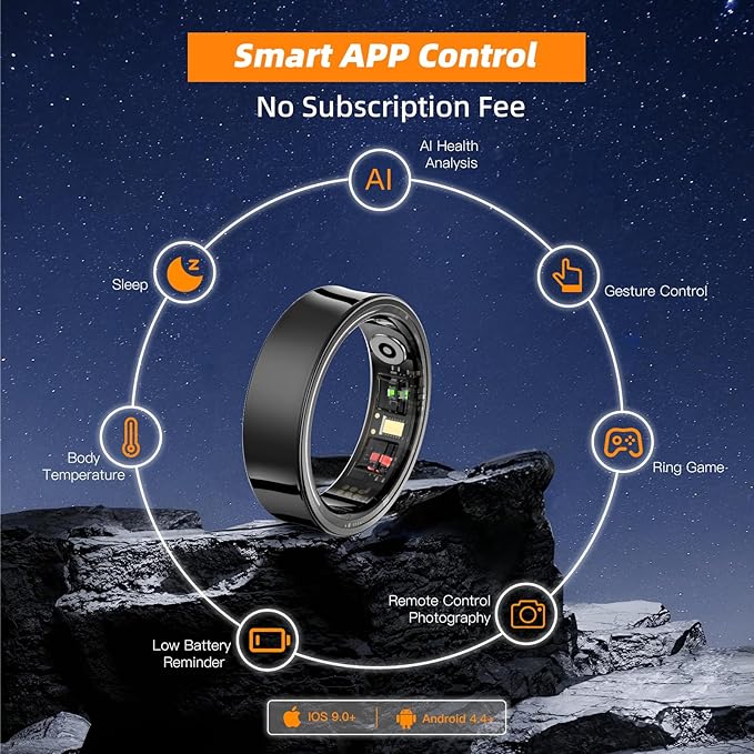 Smart Ring for Women Men, Fitness Tracker Ring with Body Temperature, Heart Rate, Blood Oxygen, Sleep Monitor, Calories, No Subscription Fee, IP68 Waterproof for iPhone & Android (Black, #13)