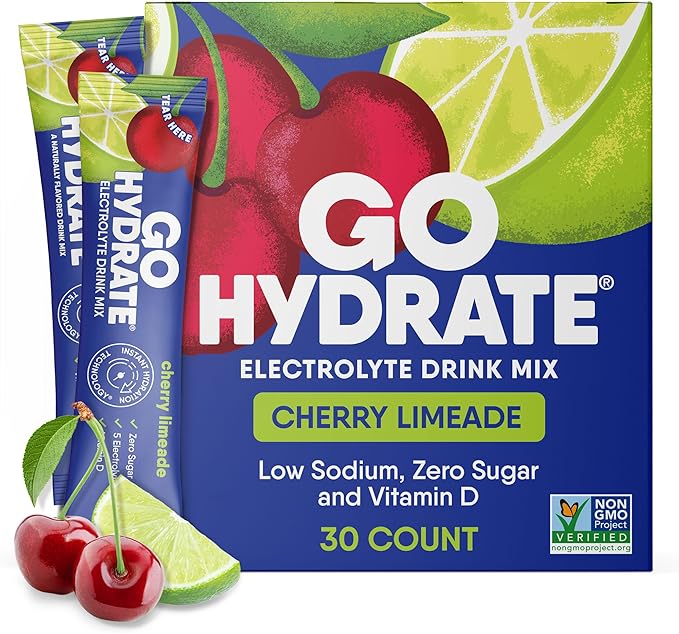 GoHydrate Instant Hydration Powder Packets - Low Sodium Electrolytes Drink Mix - Natural Hydration Support, Sugar Free Electrolyte Flavored Powder Drink with Vitamin D, 30 Packs, Cherry Limeade