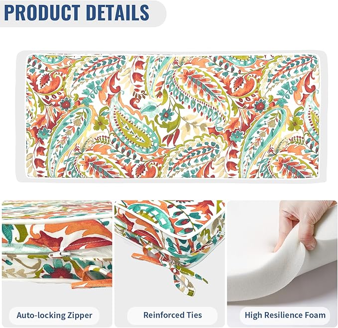 Outdoor Bench Cushion, Patio Furniture Cushion 48 x 18 x 3 Inch, Water Resistant Garden Sofa Swing Pad Settee Loveseat Couch Replacement Cushion, 1 Pack, Pretty Paisley