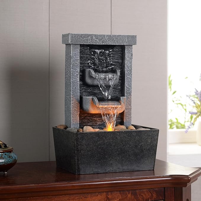 GOSSI Home Décor 10.3 in Indoor Waterfall Fountain Relaxation High Pressure Water Pumps Tabletop Fountain Nature Feeling Water Fountains with Reflective Lighting/River Rocks Home/Office Decoration