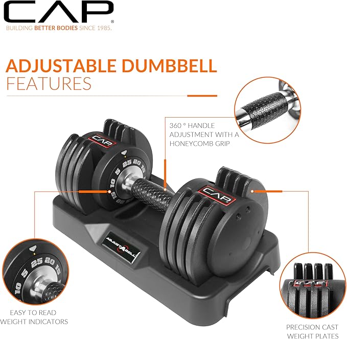 CAP Barbell ADJUSTABELL Adjustable Round Dumbbell Weights - Singles & Pairs | 12.5 lb, 25 lb & 55 lb | Multiple Handle Options