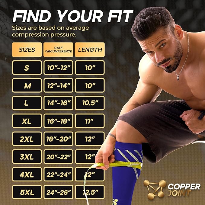 CopperJoint Running Calf Compression Sleeve Women – Easy-On Footless Calf Compression Sleeves for Men, Support Mens Leg Sleeves for Runners, Basketball, Sports, Copper Infused Nylon - Blue, Large