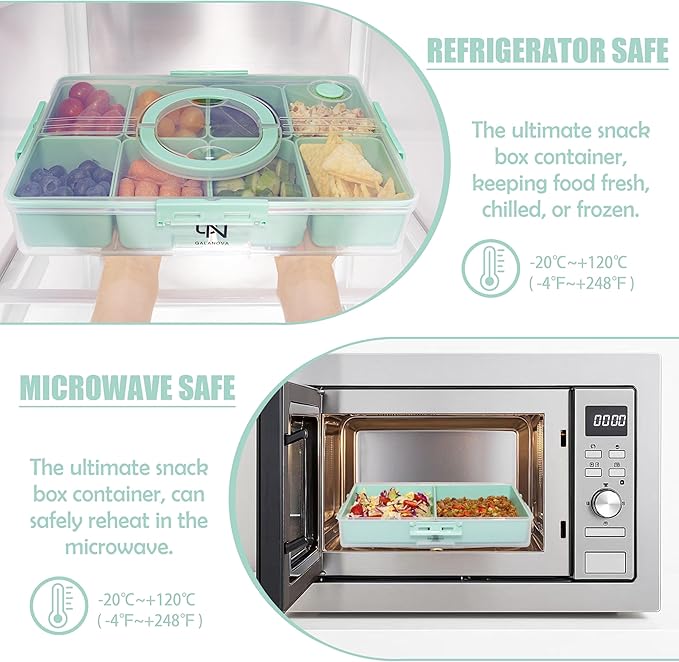 Snackle Box Container - 10 Compartments Including 2 XL, Dishwasher & Microwave Safe, Divided Serving Tray with Lid and Handle, BPA-Free, snack box (1 PCS, Green, 1 Box with 2 XL Compartments)