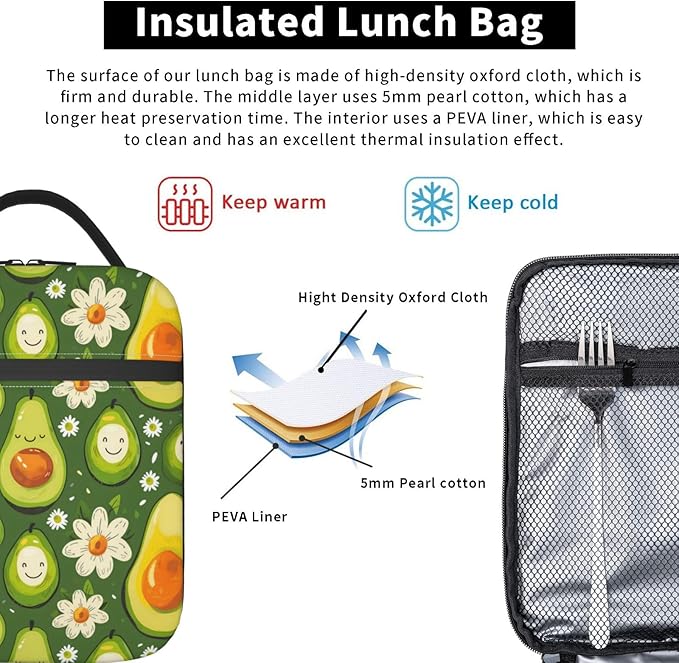 Insulated Lunch Box for Women Men, Avocado Theme Lunch Box Reusable Portable Lunch Bag Cooler Tote Waterproof Lunch Container for Office Picnic Work Travel