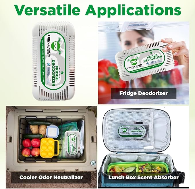 Fridge Ninja Fridge Deodorizer (4 Pack) - More Effective Than Baking Soda - Natural and Unscented Activated Charcoal Refrigerator Deodorizer and Odor Eliminator for Freezers, Coolers, and Lunch Boxes