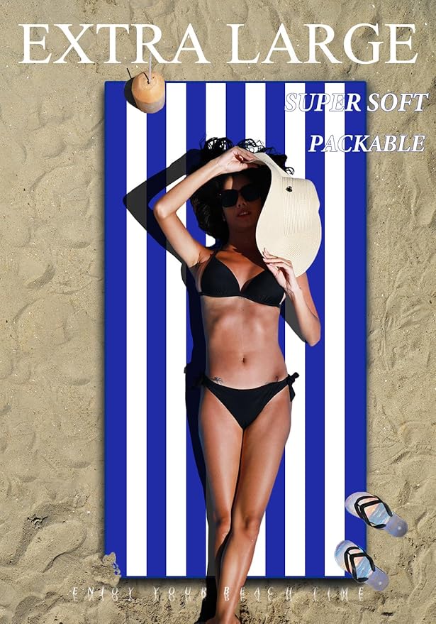 2 Pack Microfiber Lightweight Thin Beach Towel Sand Free Quick Dry Super Absorbent Large Towels for Swimming Pool Yoga Gym Travel Vacation Beach Accessories Essentials Stripes