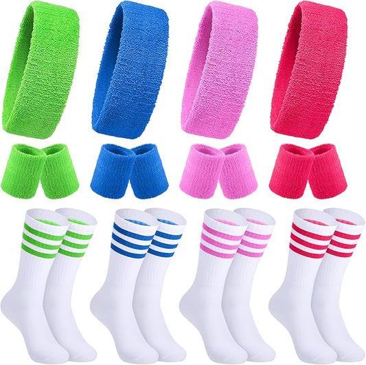 Hillban 80s Workout Outfit 80s Accessories for Women Men Neon Sweatbands Headbands for Tennis Volleyball Sport