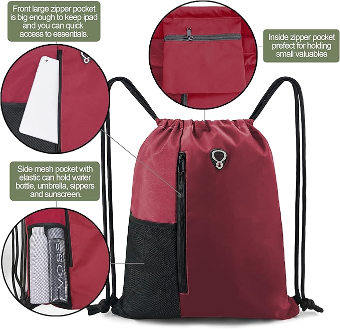 BeeGreen Maroon Drawstring Backpack Gym Bag For Men & Women – Sports Sackpack with Mesh Water Bottle Holder & 2 Zippered Pockets – Large 16x20 Inch Cinch String Backpack