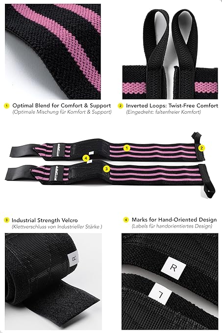 Fitgriff® Wrist Wraps for Weightlifting (18") Heavy-Duty Support for Gym, Bench Press, and Pushups (1 Pair) - for Men and Women (Black/Pink)