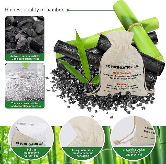 4 Pack charcoal odor absorber,Bamboo Charcoals Air Purifying Bag Charcoals Deodorizer Eliminator for Strong Odors in Car, Closet, Shoe, Basement (200G*4 Pack Beige, Unscented)