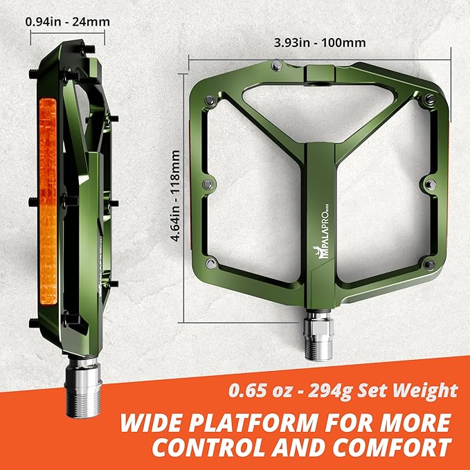Flat Bike Pedals with Reflectors CNC Aluminium 9/16” – MTB Pedals with Extra Wide Platform and Removable Anti-Slip Pins – Lightweight Pedals for Mountain Bike & Road Bike 294 g