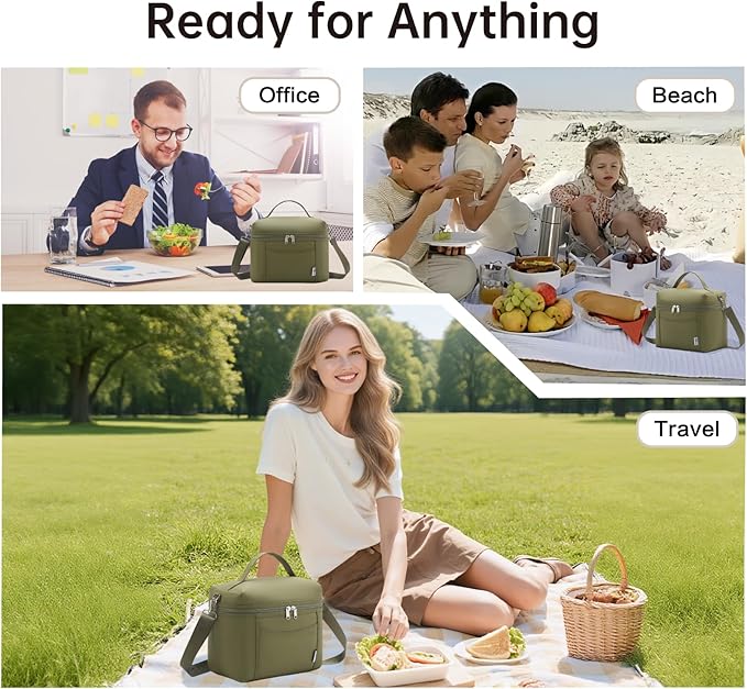 Insulated Lunch Bag for Men Women Leakproof Lunch Cooler Bag Adult Portable Lunch Box Bag with Adjustable Strap Lunch Box for Office Picnic Army Green