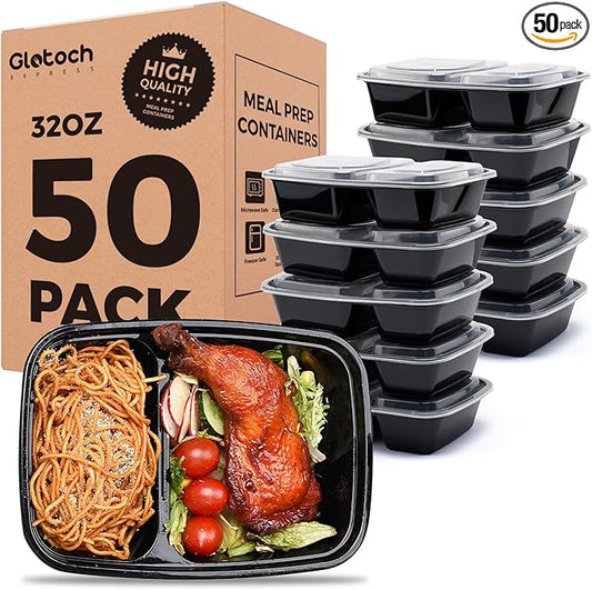 Glotoch 50 Pack 32 oz Meal Prep Containers Reusable, 2 Compartment Food Containers with Lids To Go Containers, Lunch-Microwave, Freezer, Dishwasher Safe