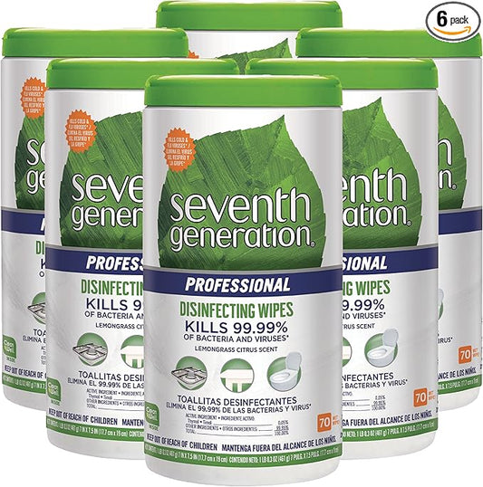 Seventh Generation Professional Disinfecting Multi Surface Wipes, Lemongrass Citrus, 70 count Tubs (Pack of 6)