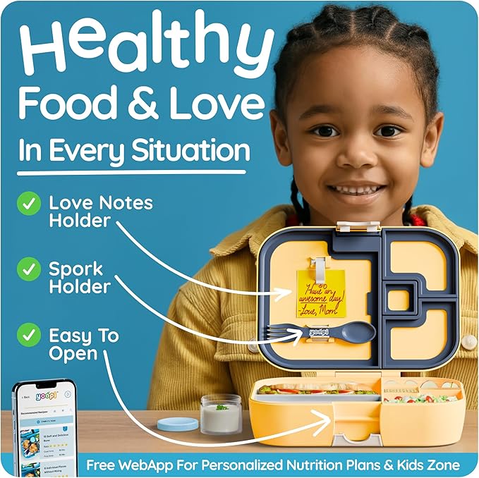 YOOPI Bento Box for Kids, Leak-Proof, BPA-Free School Bento Lunch Box Containers with Compartments. Online Healthy Meal Planning, Durable, Easy-Clean, Eco-Friendly Lunchbox for Boys & Girls (Yellow)