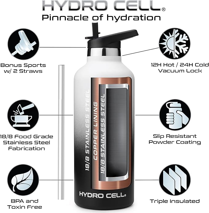HYDRO CELL Stainless Steel Water Bottle with Straw & 2 Standard Mouth Lids (32oz 24oz 20oz 16oz) Keeps Liquids Hot or Cold w/Double Wall Vacuum Insulated Leak Proof Sport Design (Black/White 32oz)