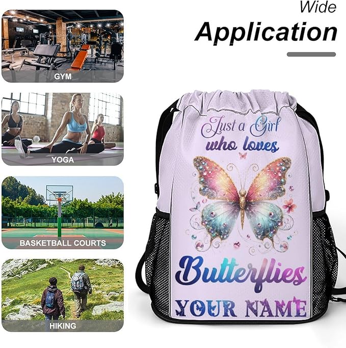 Custom Butterfly Drawstring Backpack - Cute Cinch Sack, String Backpacks with Pocket for Kids Boys Girls Women Men for Gym Outdoor Sports Travel Athletic Drawstring Bag - Lightweight/Foldable