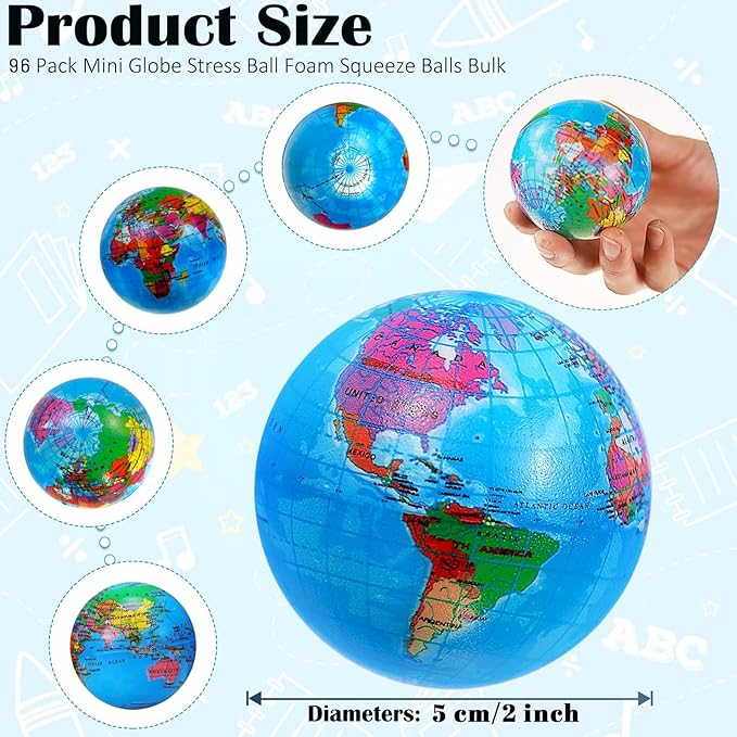 96 Pcs Globe Squeeze Balls Bulk,2 inch Earth Stress Relief Balls,Soft Foam Stress Ball Toy for Finger Exercise, Foam Squeezable Balls Classroom School Office Party Favors